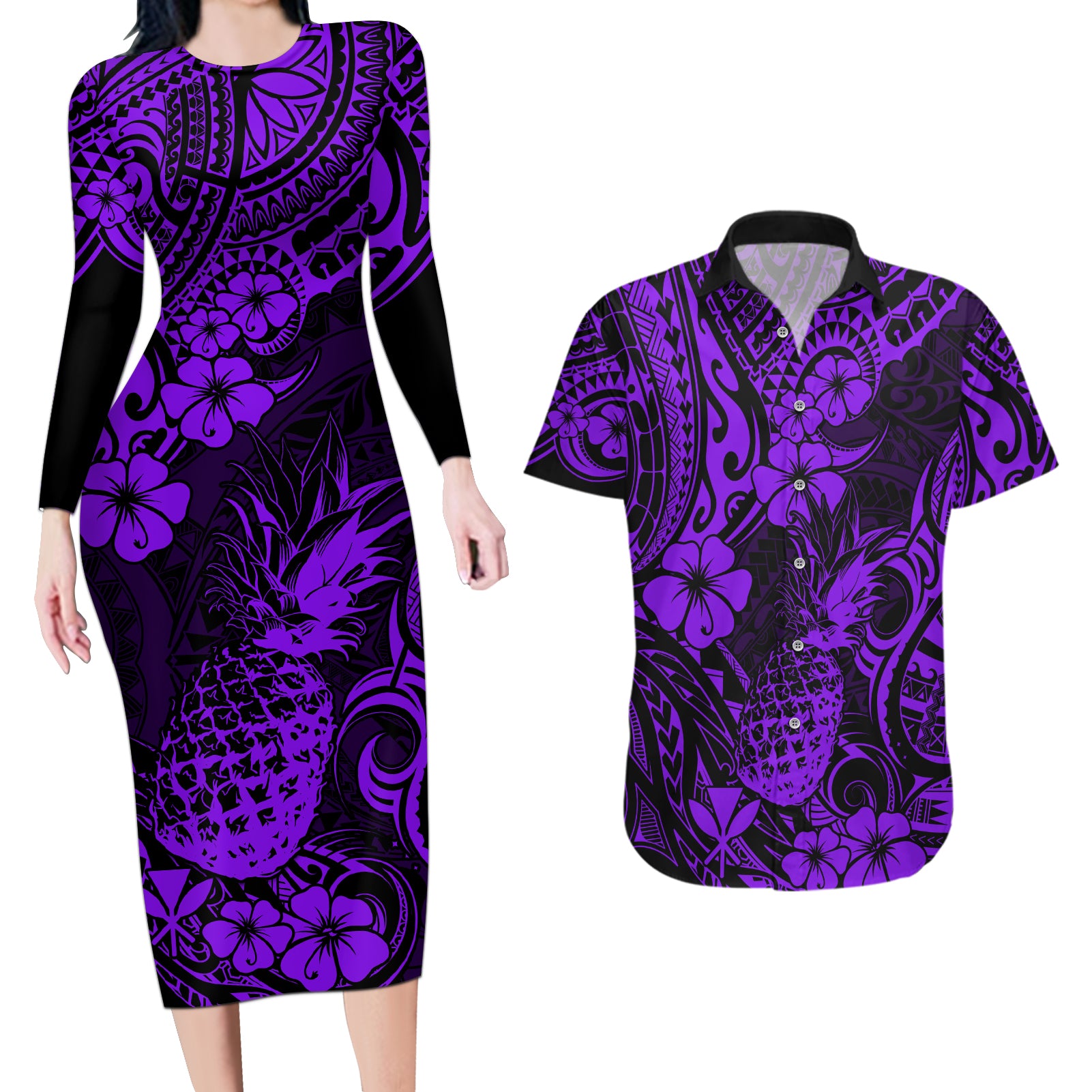 Hawaii Pineapple Couples Matching Long Sleeve Bodycon Dress and Hawaiian Shirt Polynesian Pattern Purple Version LT01 Purple - Polynesian Pride