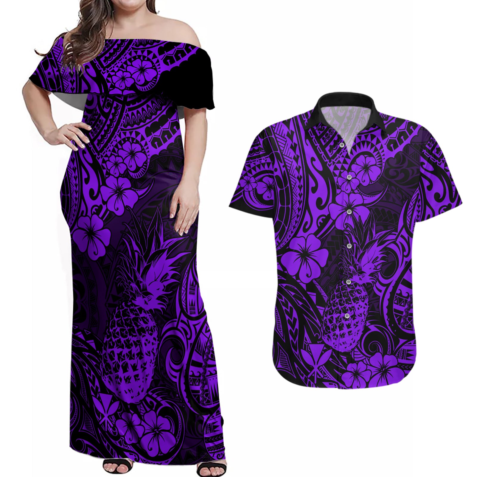 Hawaii Pineapple Couples Matching Off Shoulder Maxi Dress and Hawaiian Shirt Polynesian Pattern Purple Version LT01 Purple - Polynesian Pride