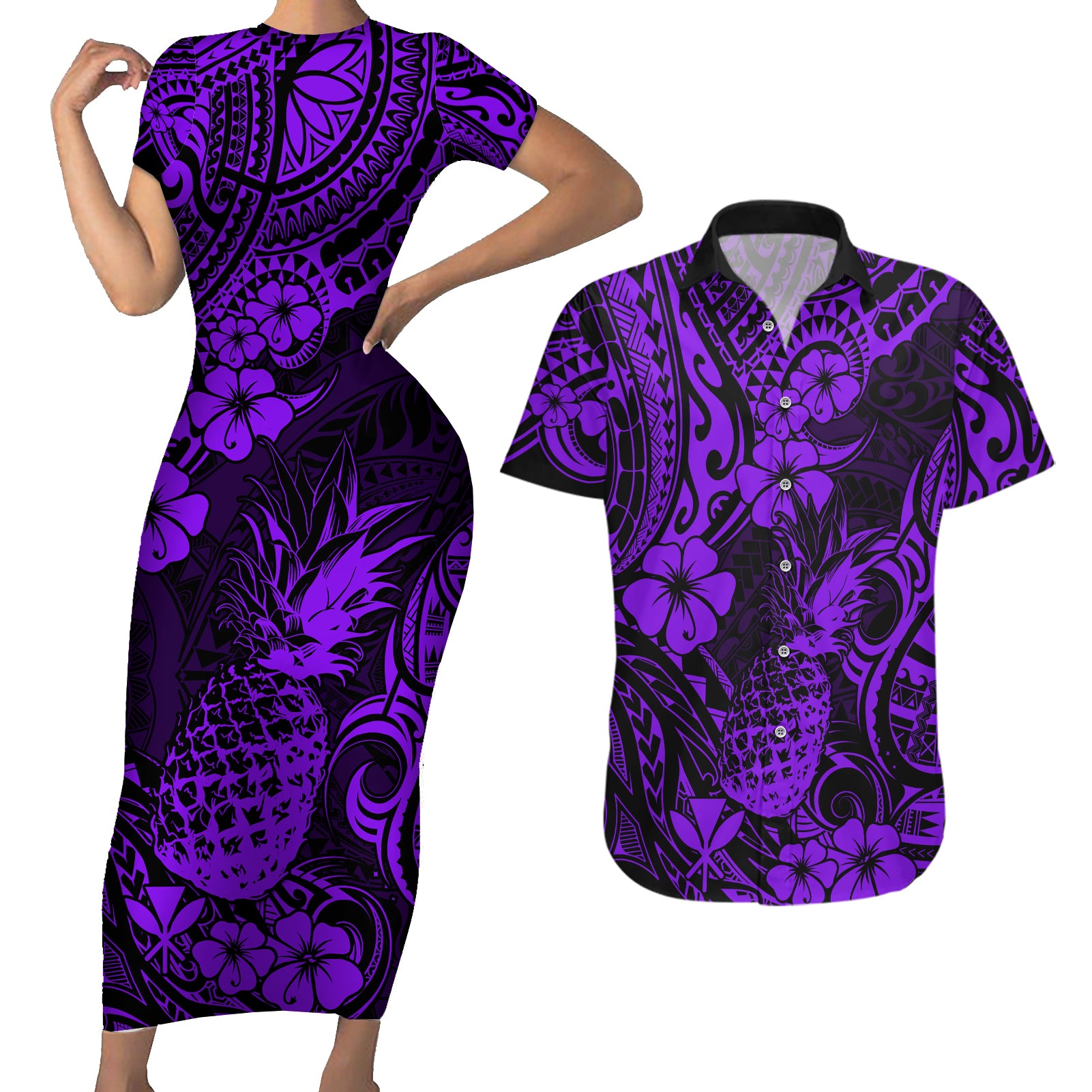 Hawaii Pineapple Couples Matching Short Sleeve Bodycon Dress and Hawaiian Shirt Polynesian Pattern Purple Version LT01 Purple - Polynesian Pride