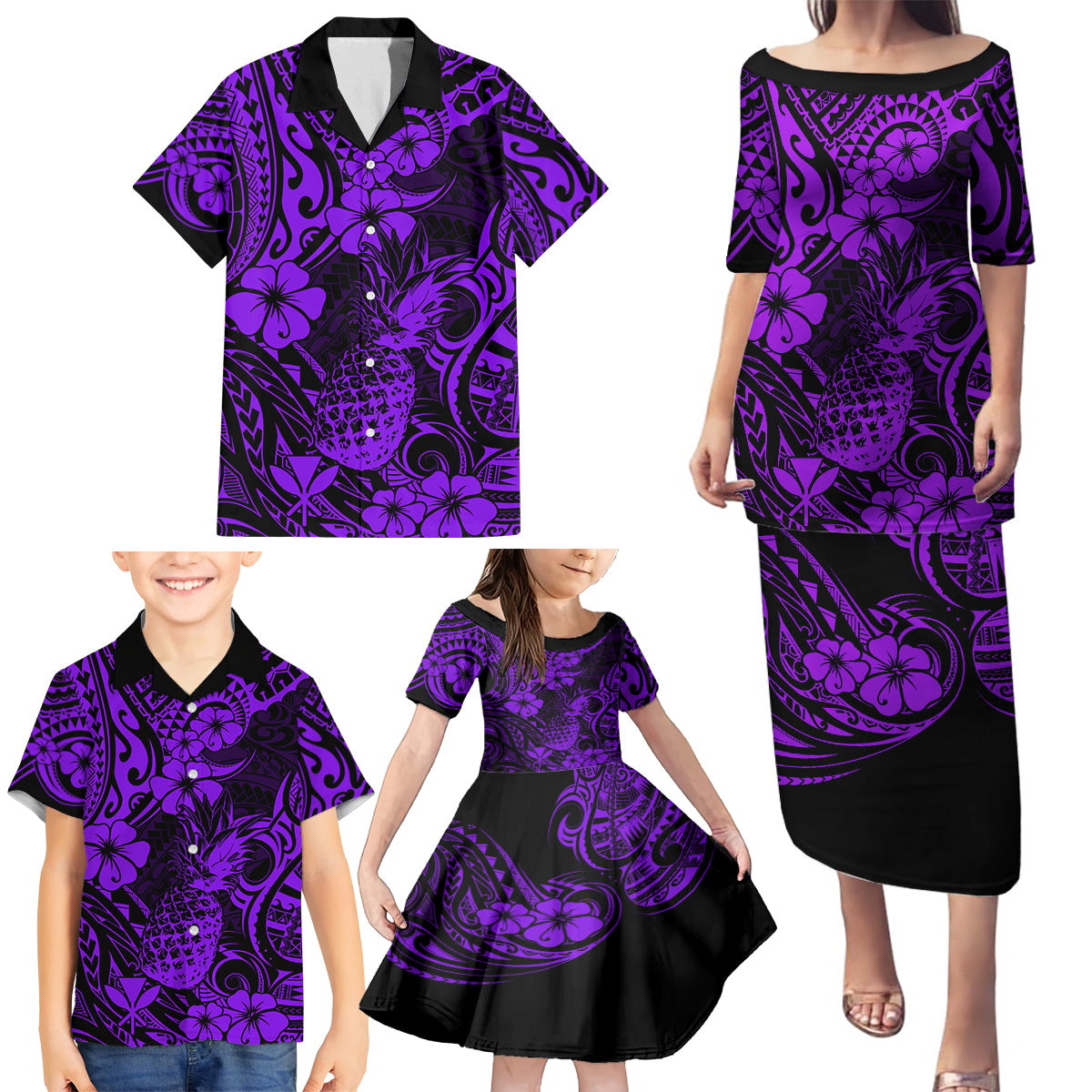 Hawaii Pineapple Family Matching Puletasi Dress and Hawaiian Shirt Polynesian Pattern Purple Version LT01 - Polynesian Pride