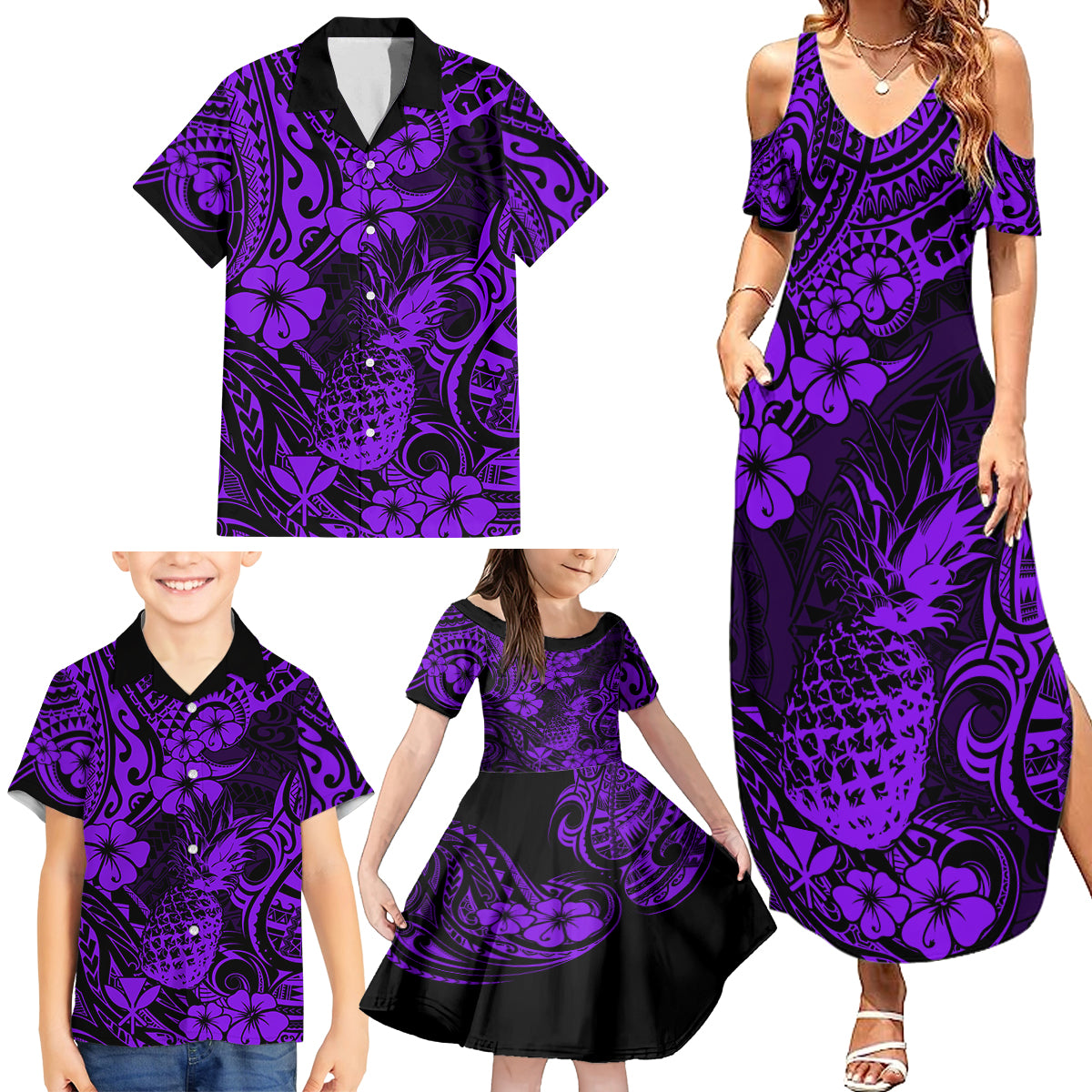 Hawaii Pineapple Family Matching Summer Maxi Dress and Hawaiian Shirt Polynesian Pattern Purple Version LT01 - Polynesian Pride