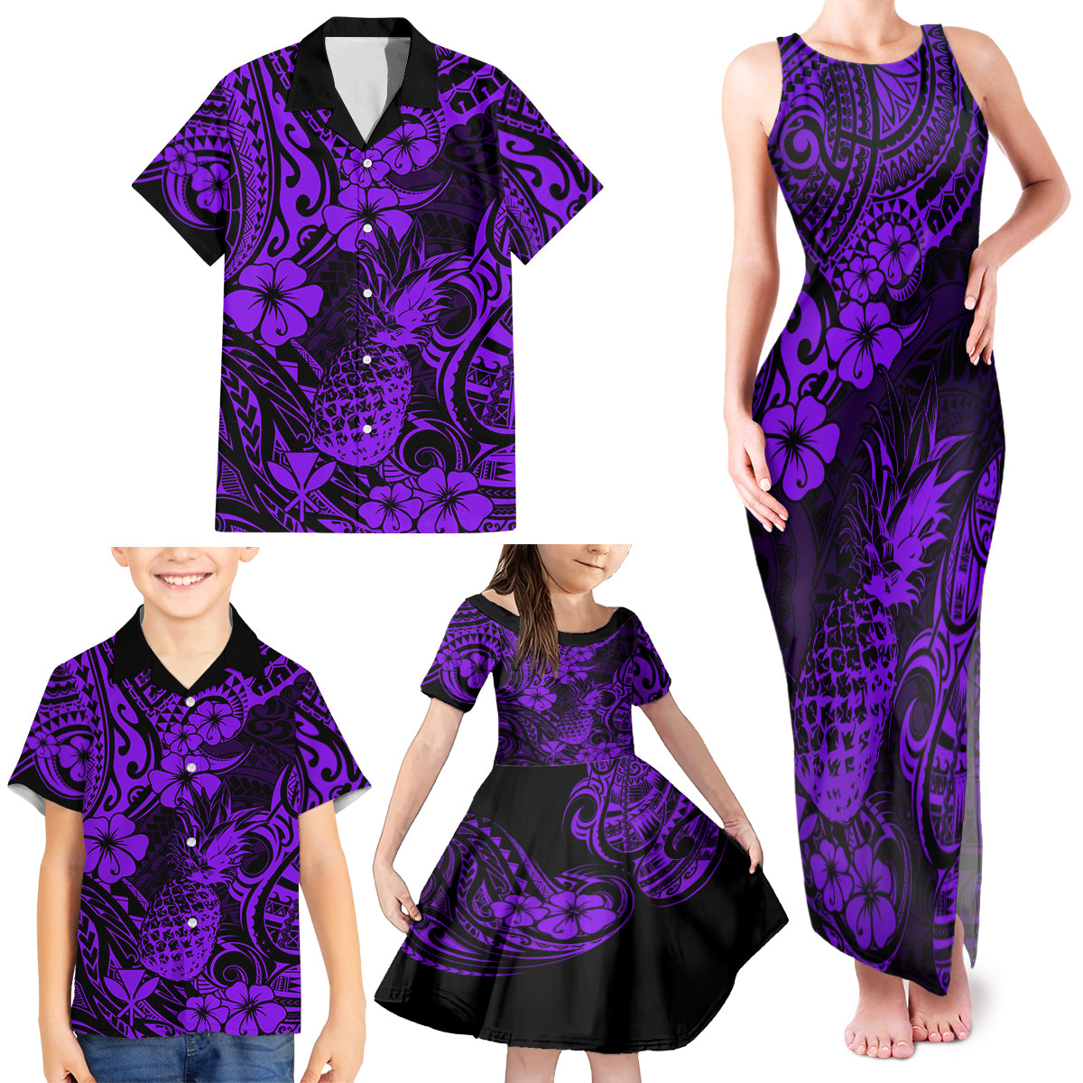 Hawaii Pineapple Family Matching Tank Maxi Dress and Hawaiian Shirt Polynesian Pattern Purple Version LT01 - Polynesian Pride