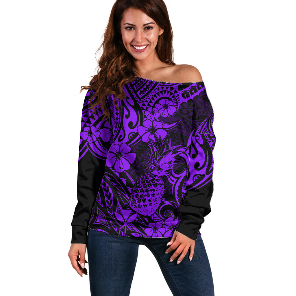 Hawaii Pineapple Off Shoulder Sweater Polynesian Pattern Purple Version LT01 Women Purple - Polynesian Pride