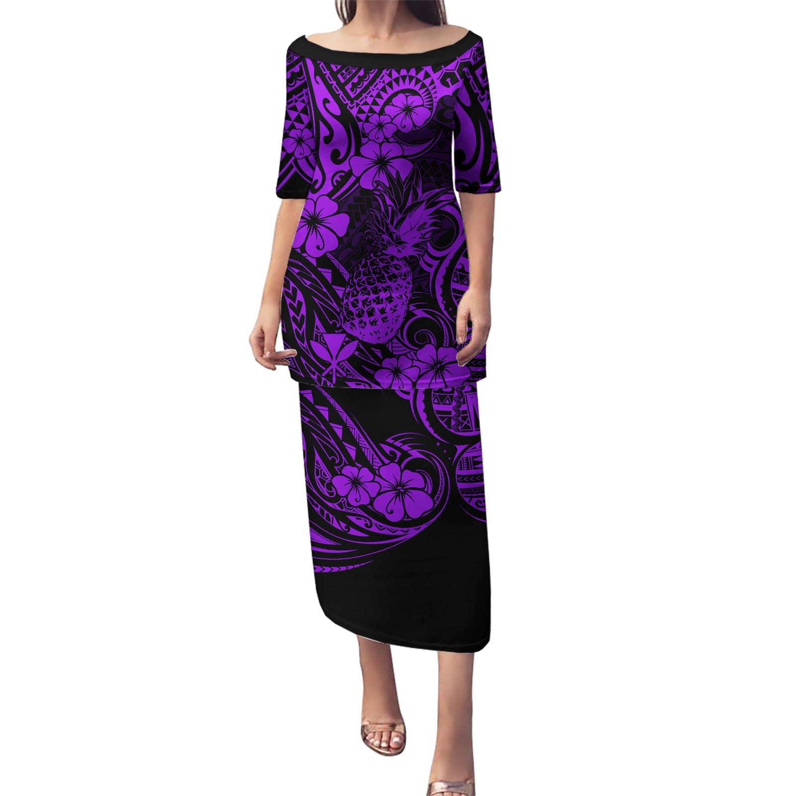 Hawaii Pineapple Puletasi Polynesian Pattern Purple Version LT01 Long Dress Purple - Polynesian Pride