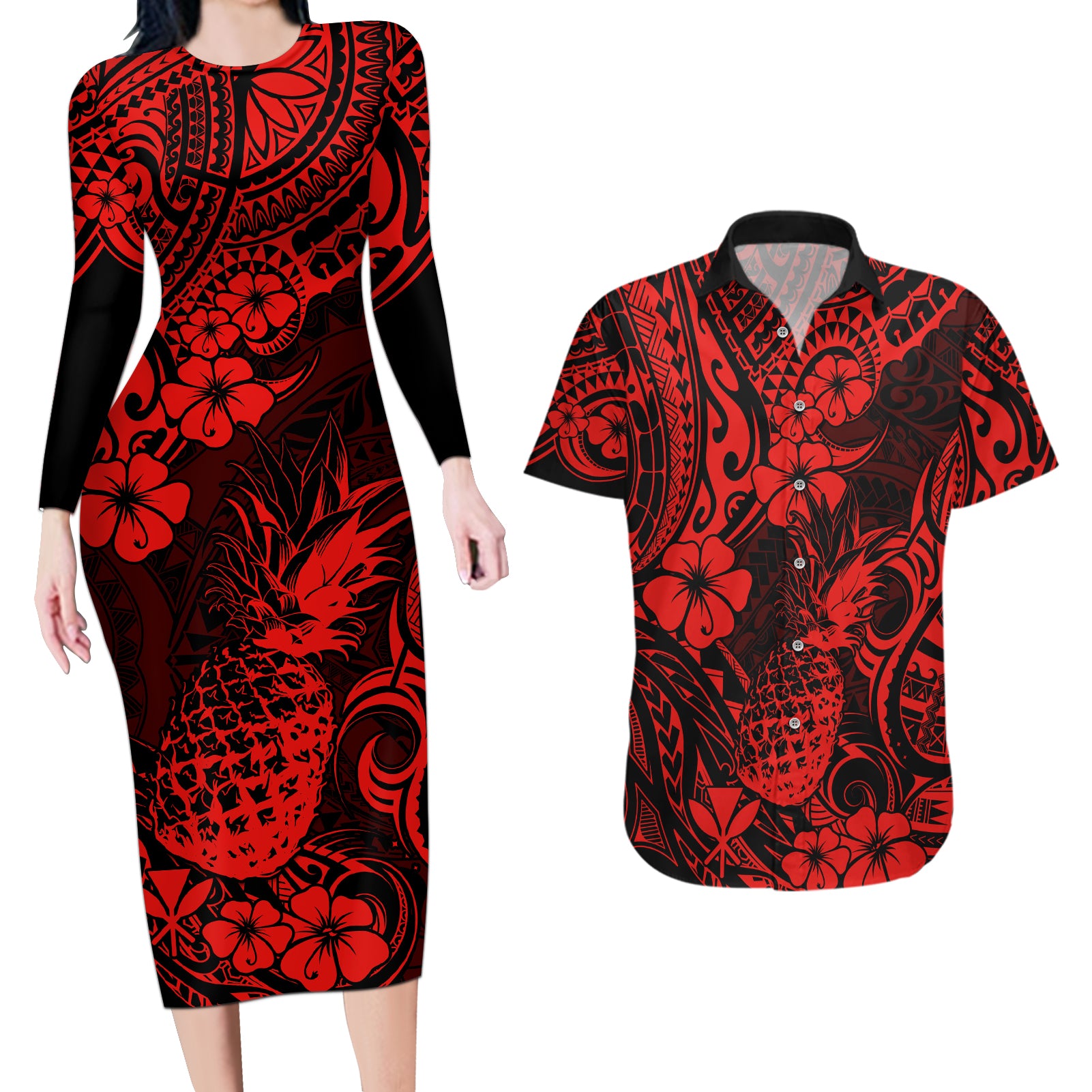 Hawaii Pineapple Couples Matching Long Sleeve Bodycon Dress and Hawaiian Shirt Polynesian Pattern Red Version LT01 Red - Polynesian Pride