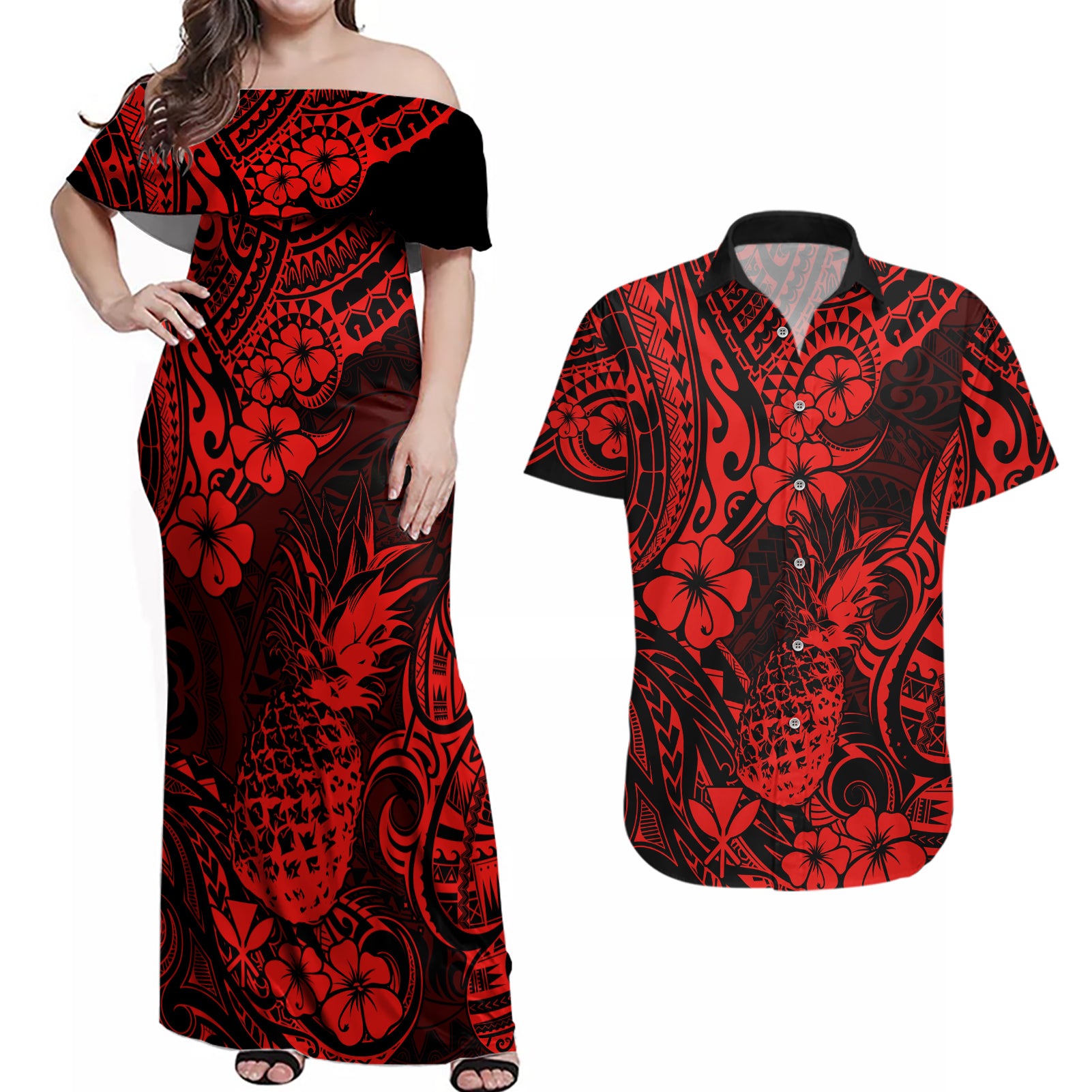 Hawaii Pineapple Couples Matching Off Shoulder Maxi Dress and Hawaiian Shirt Polynesian Pattern Red Version LT01 Red - Polynesian Pride