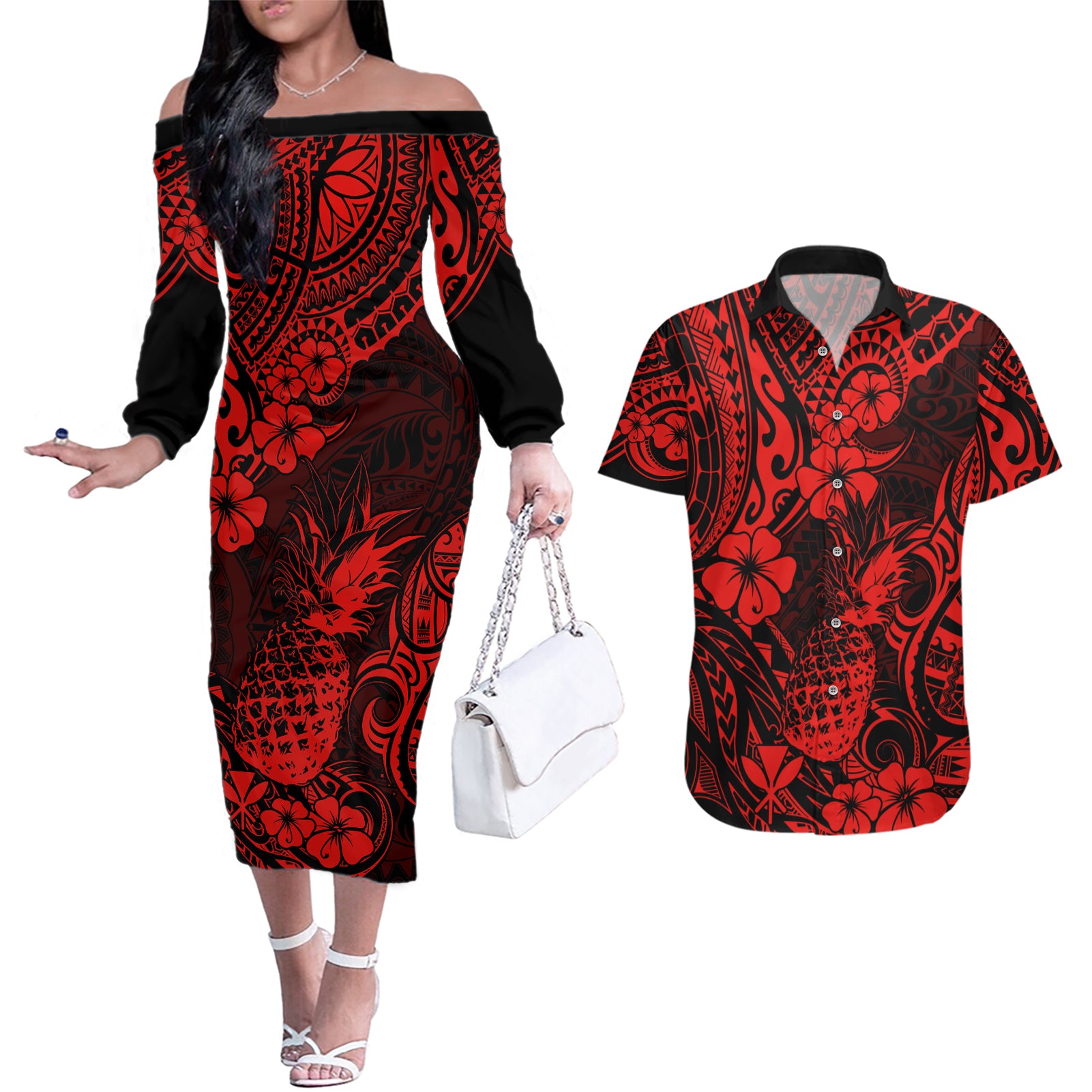 Hawaii Pineapple Couples Matching Off The Shoulder Long Sleeve Dress and Hawaiian Shirt Polynesian Pattern Red Version LT01 Red - Polynesian Pride