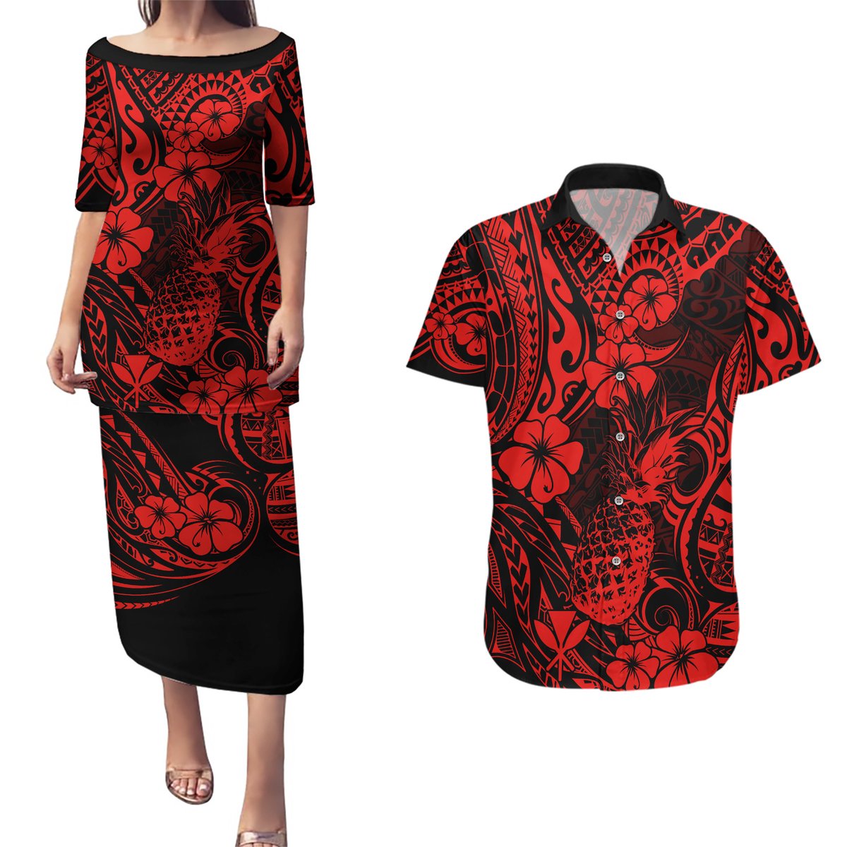Hawaii Pineapple Couples Matching Puletasi Dress and Hawaiian Shirt Polynesian Pattern Red Version LT01 Red - Polynesian Pride