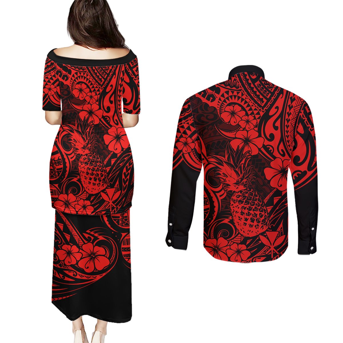 Hawaii Pineapple Couples Matching Puletasi Dress and Long Sleeve Button Shirts Polynesian Pattern Red Version LT01 - Polynesian Pride