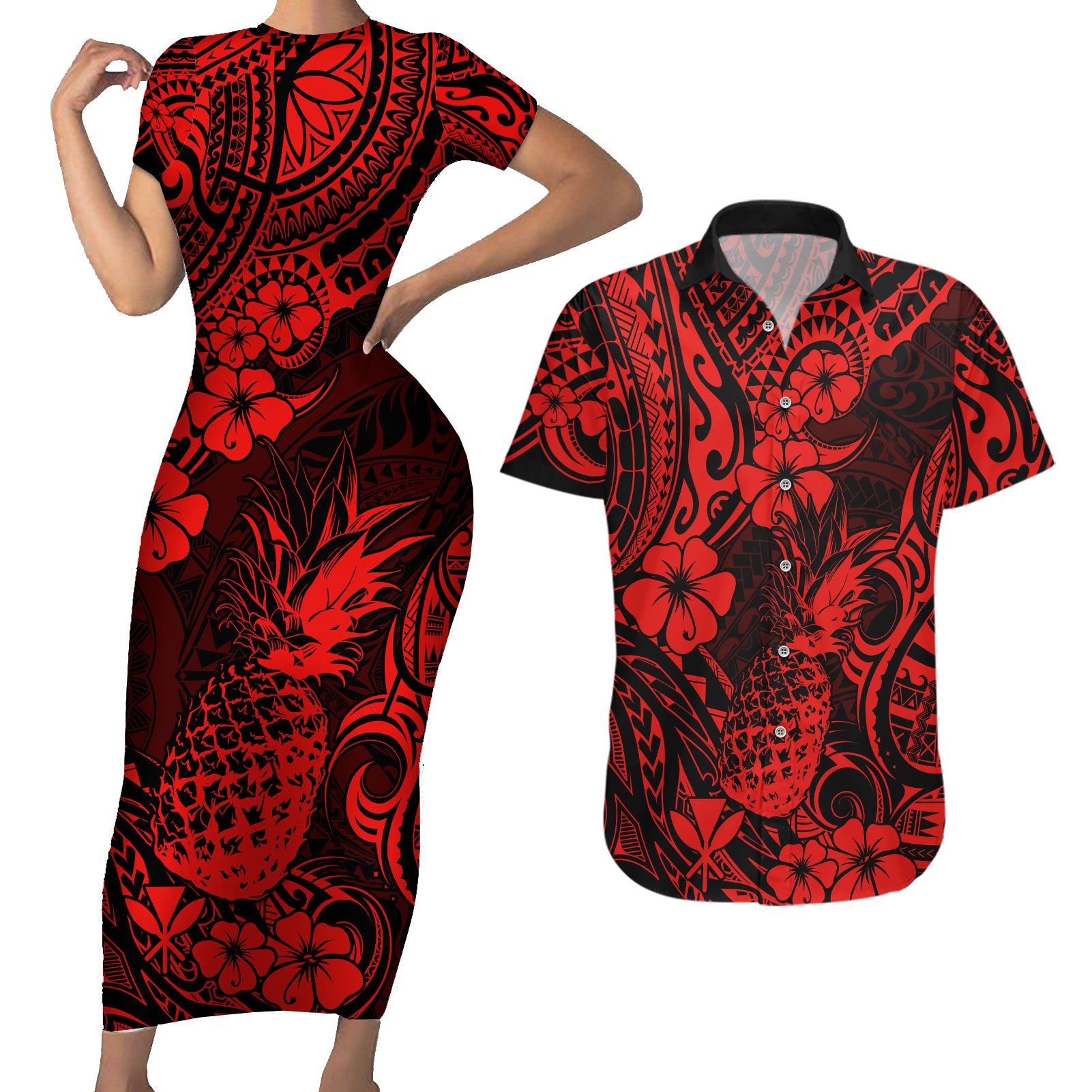 Hawaii Pineapple Couples Matching Short Sleeve Bodycon Dress and Hawaiian Shirt Polynesian Pattern Red Version LT01 Red - Polynesian Pride