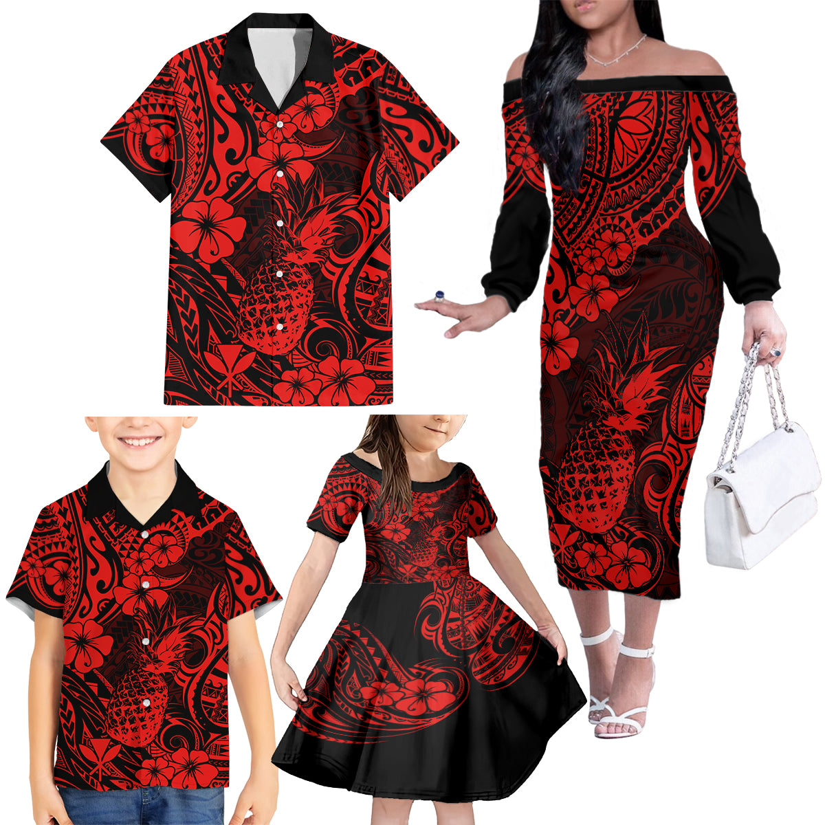 Hawaii Pineapple Family Matching Off Shoulder Long Sleeve Dress and Hawaiian Shirt Polynesian Pattern Red Version LT01 - Polynesian Pride