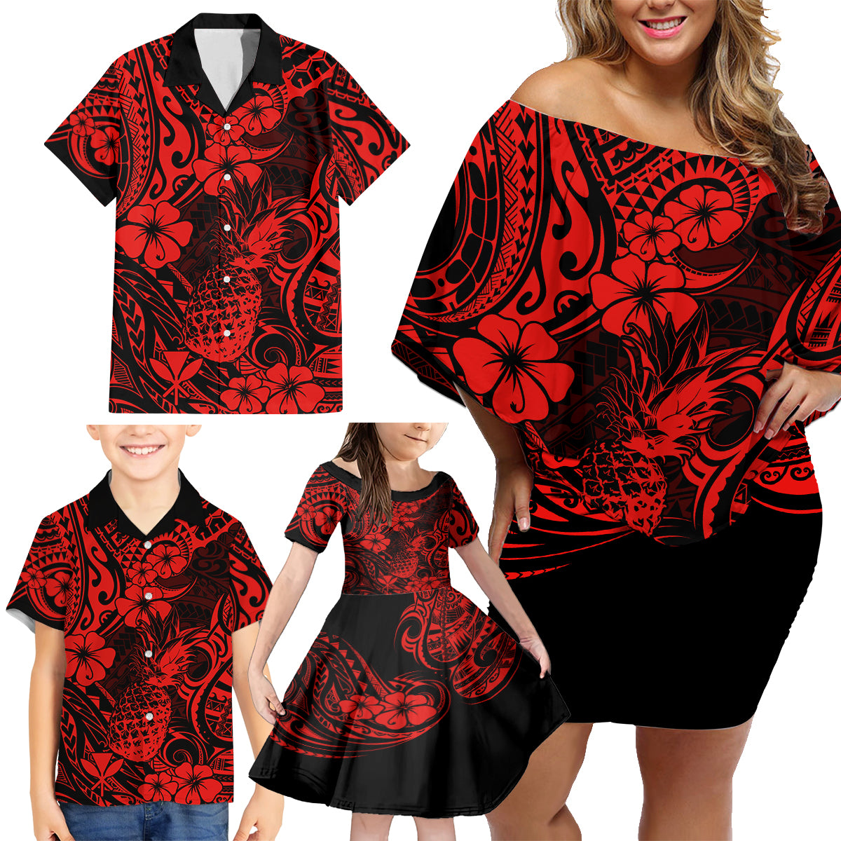 Hawaii Pineapple Family Matching Off Shoulder Short Dress and Hawaiian Shirt Polynesian Pattern Red Version LT01 - Polynesian Pride