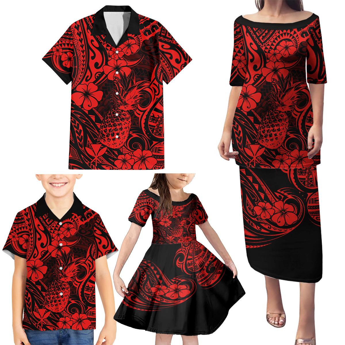 Hawaii Pineapple Family Matching Puletasi Dress and Hawaiian Shirt Polynesian Pattern Red Version LT01 - Polynesian Pride