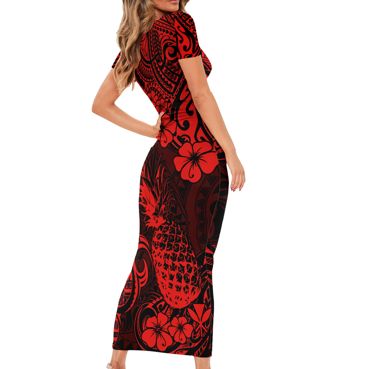 Hawaii Pineapple Family Matching Short Sleeve Bodycon Dress and Hawaiian Shirt Polynesian Pattern Red Version LT01 - Polynesian Pride