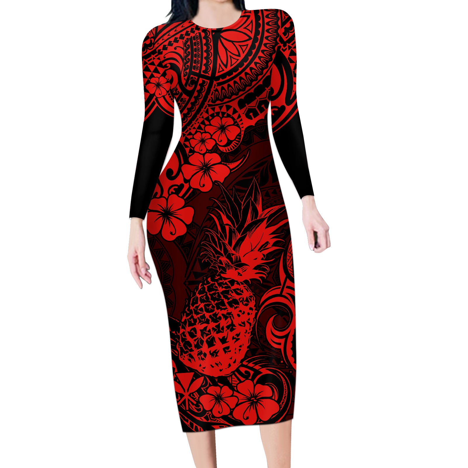 Hawaii Pineapple Long Sleeve Bodycon Dress Polynesian Pattern Red Version LT01 Long Dress Red - Polynesian Pride