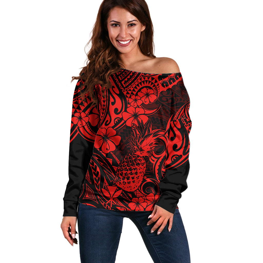 Hawaii Pineapple Off Shoulder Sweater Polynesian Pattern Red Version LT01 Women Red - Polynesian Pride