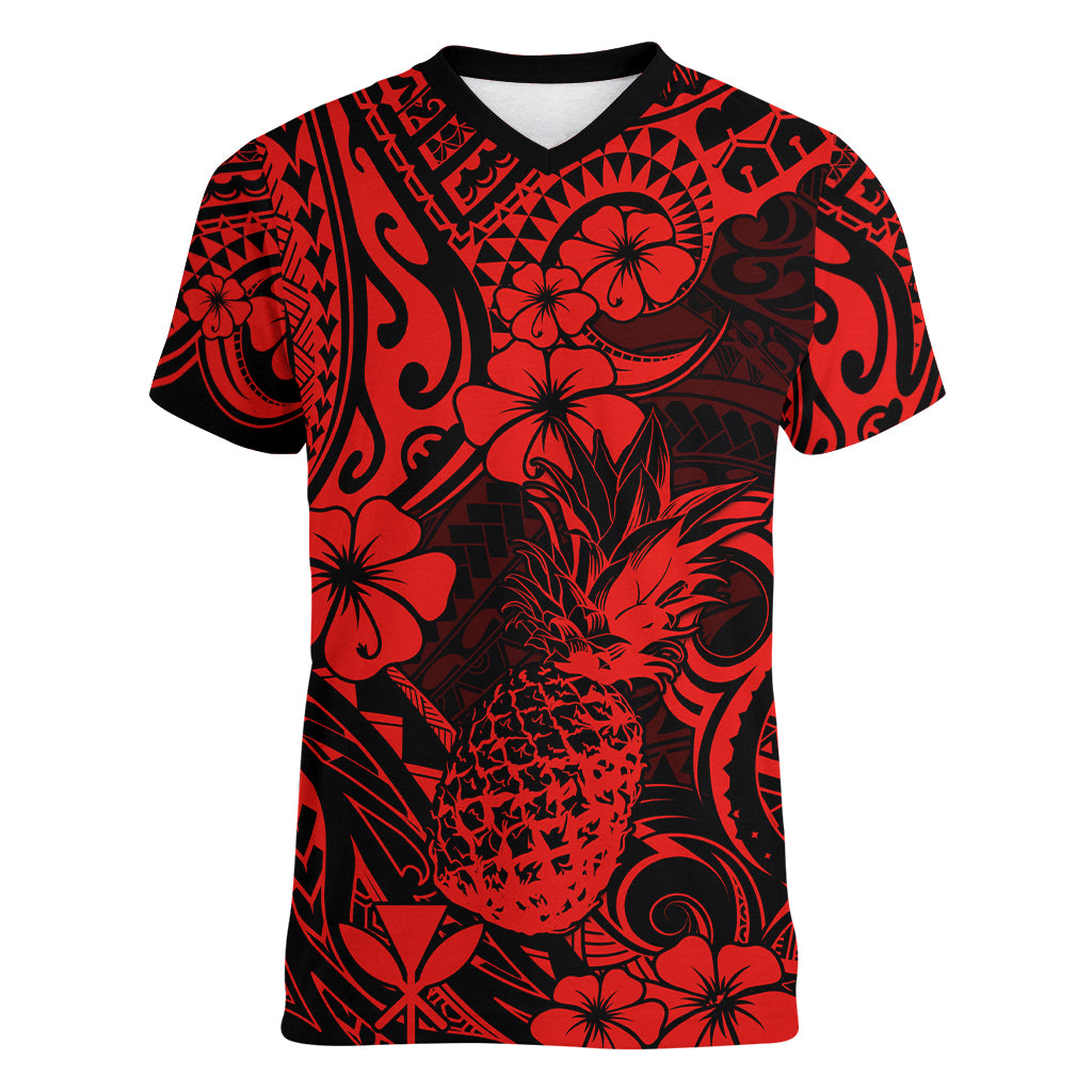 Hawaii Pineapple Women V Neck T Shirt Polynesian Pattern Red Version LT01 Female Red - Polynesian Pride