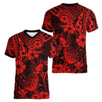 Hawaii Pineapple Women V Neck T Shirt Polynesian Pattern Red Version LT01 - Polynesian Pride