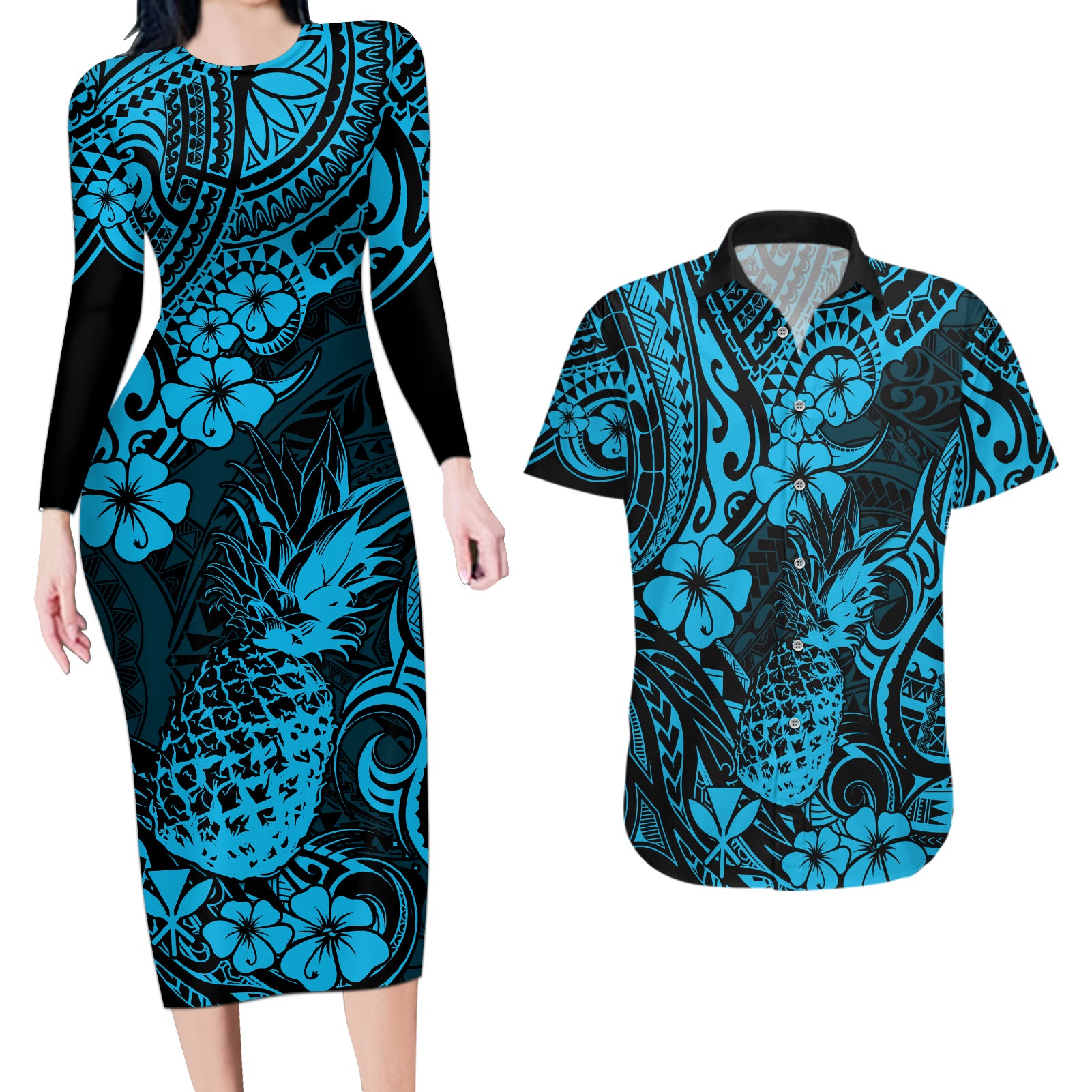 Hawaii Pineapple Couples Matching Long Sleeve Bodycon Dress and Hawaiian Shirt Polynesian Pattern Sky Blue Version LT01 Blue - Polynesian Pride