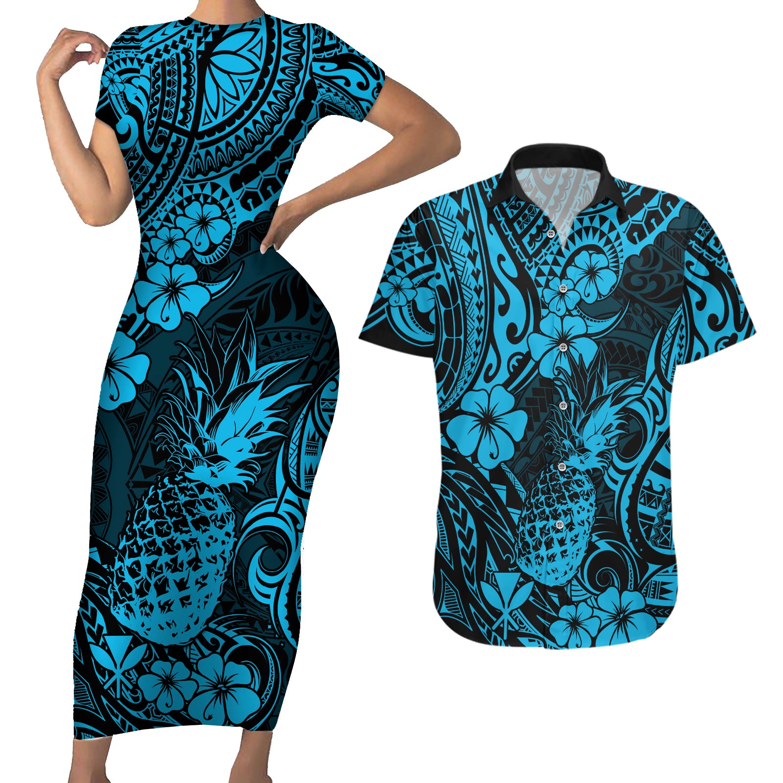 Hawaii Pineapple Couples Matching Short Sleeve Bodycon Dress and Hawaiian Shirt Polynesian Pattern Sky Blue Version LT01 Blue - Polynesian Pride