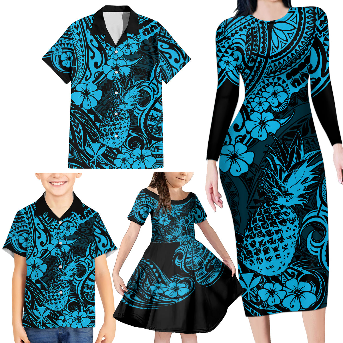 Hawaii Pineapple Family Matching Long Sleeve Bodycon Dress and Hawaiian Shirt Polynesian Pattern Sky Blue Version LT01 - Polynesian Pride