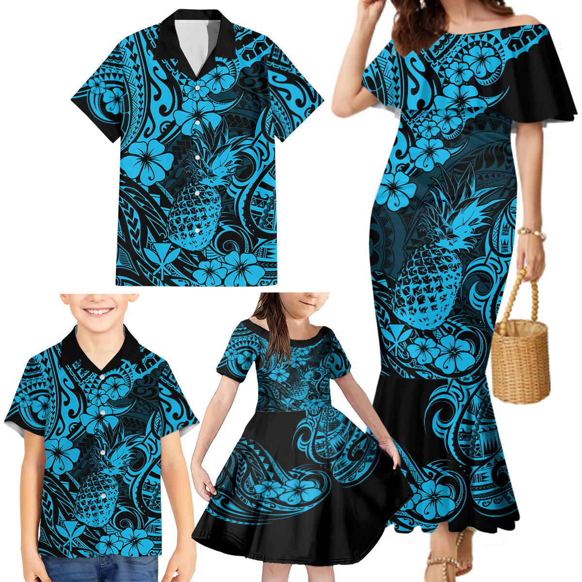 Hawaii Pineapple Family Matching Mermaid Dress and Hawaiian Shirt Polynesian Pattern Sky Blue Version LT01 - Polynesian Pride