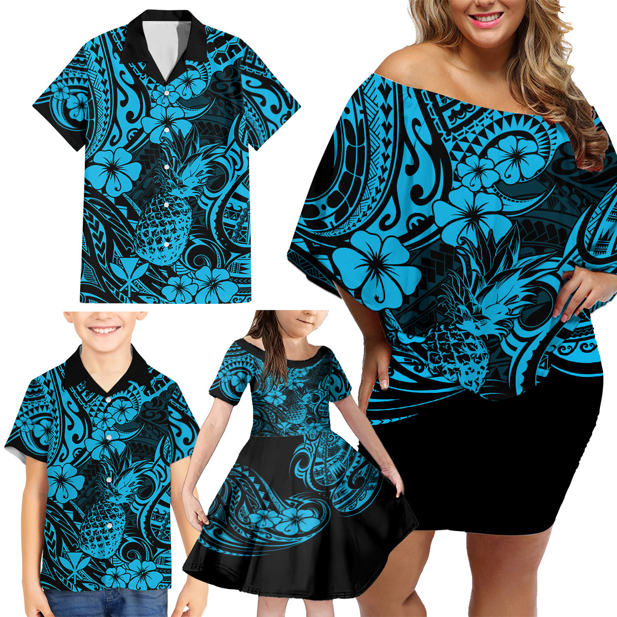 Hawaii Pineapple Family Matching Off Shoulder Short Dress and Hawaiian Shirt Polynesian Pattern Sky Blue Version LT01 - Polynesian Pride