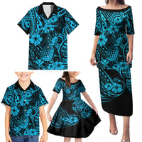 Hawaii Pineapple Family Matching Puletasi Dress and Hawaiian Shirt Polynesian Pattern Sky Blue Version LT01 - Polynesian Pride