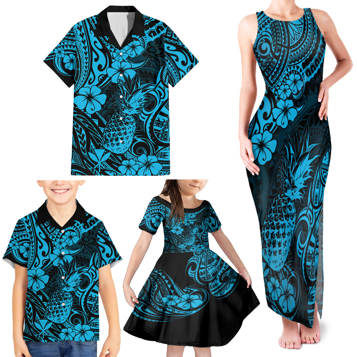 Hawaii Pineapple Family Matching Tank Maxi Dress and Hawaiian Shirt Polynesian Pattern Sky Blue Version LT01 - Polynesian Pride