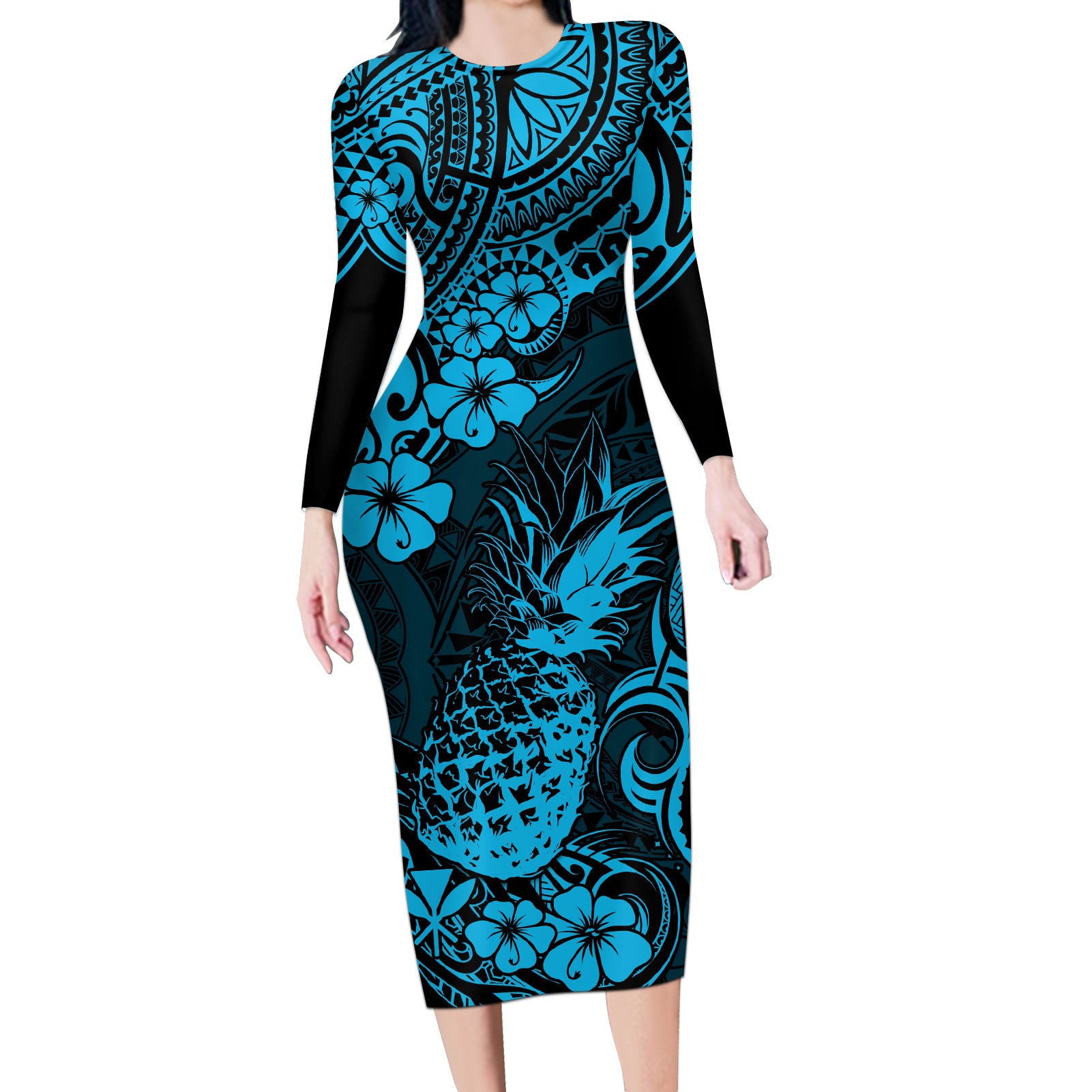 Hawaii Pineapple Long Sleeve Bodycon Dress Polynesian Pattern Sky Blue Version LT01 Long Dress Blue - Polynesian Pride