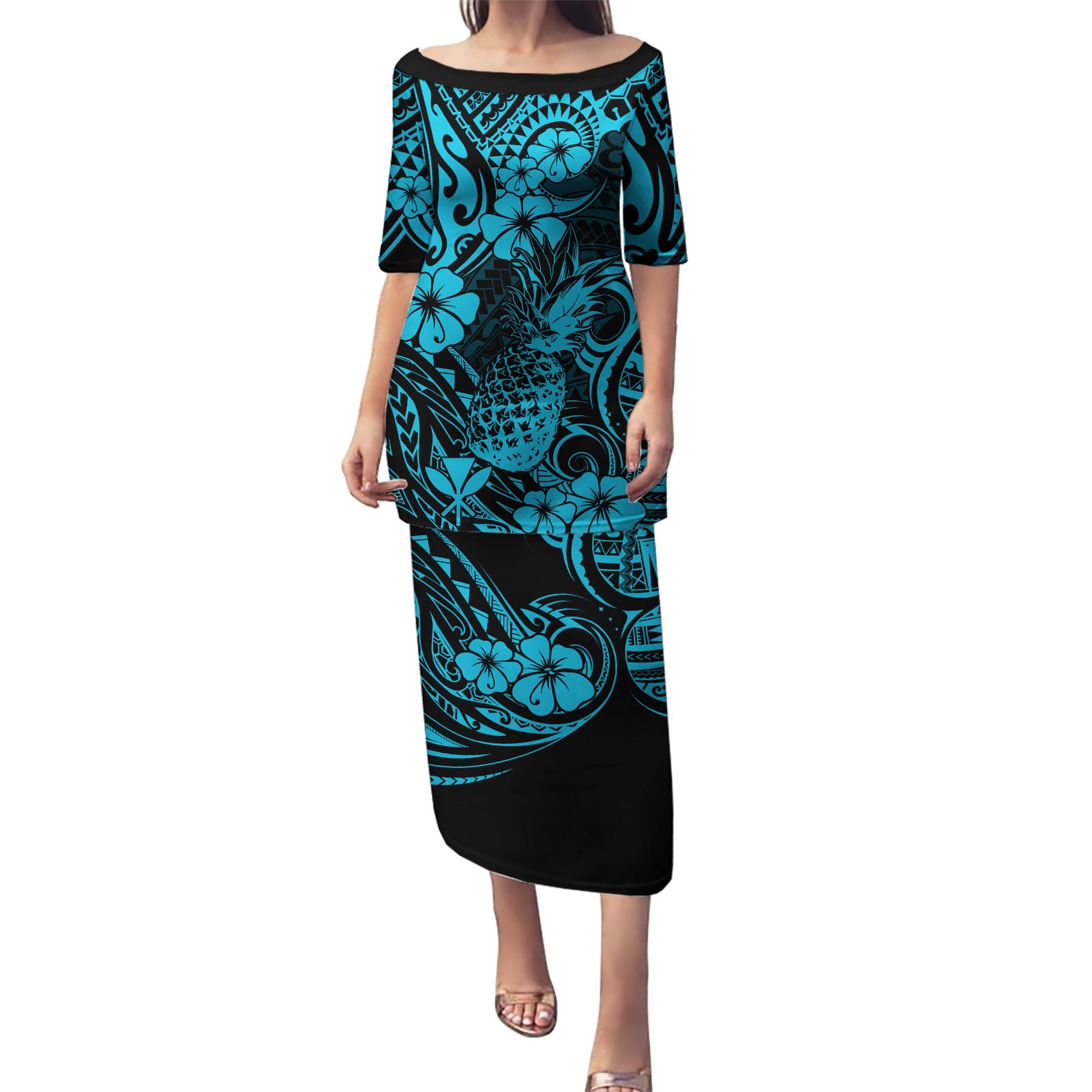 Hawaii Pineapple Puletasi Polynesian Pattern Sky Blue Version LT01 Long Dress Blue - Polynesian Pride