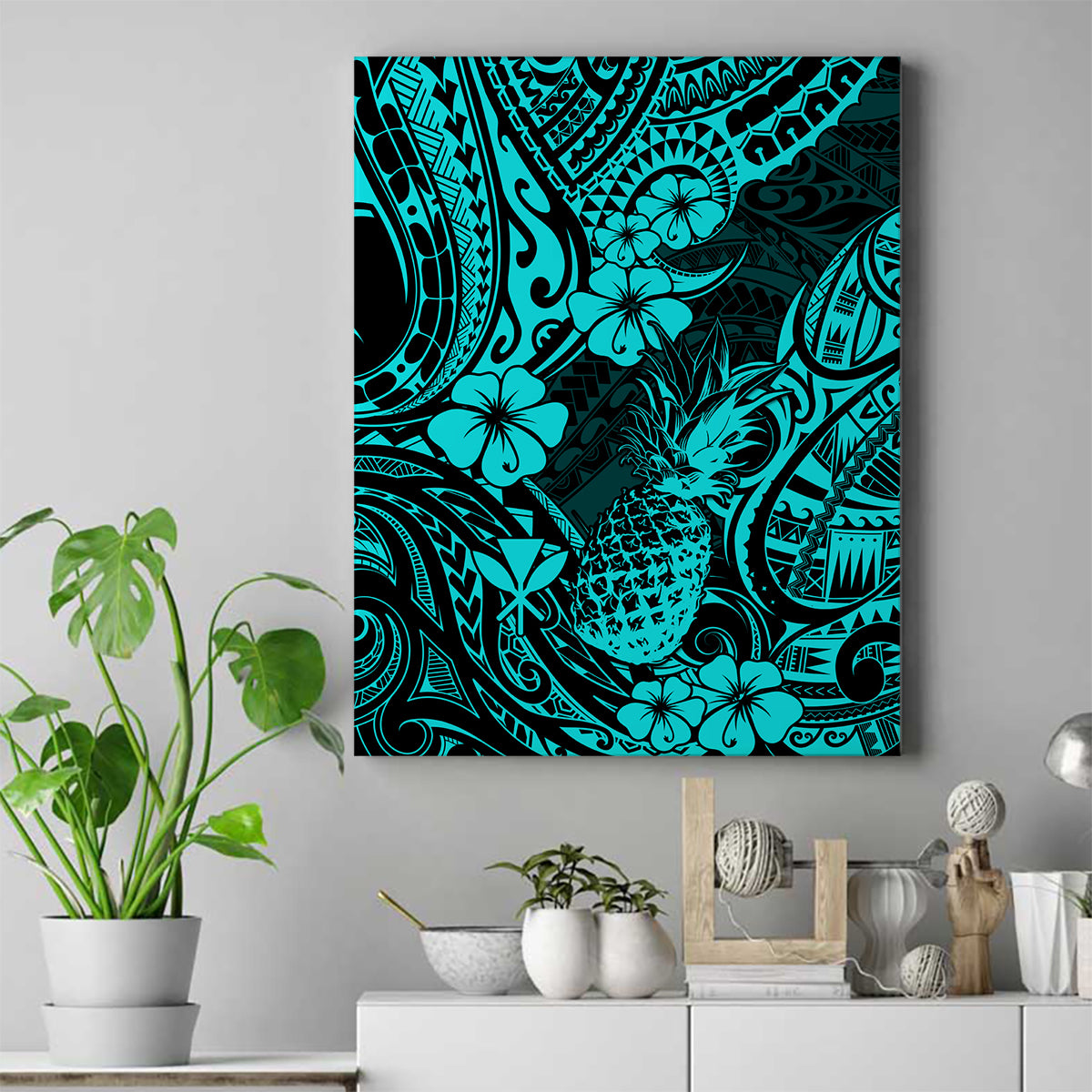 Hawaii Pineapple Canvas Wall Art Polynesian Pattern Turquoise Version LT01 Turquoise - Polynesian Pride