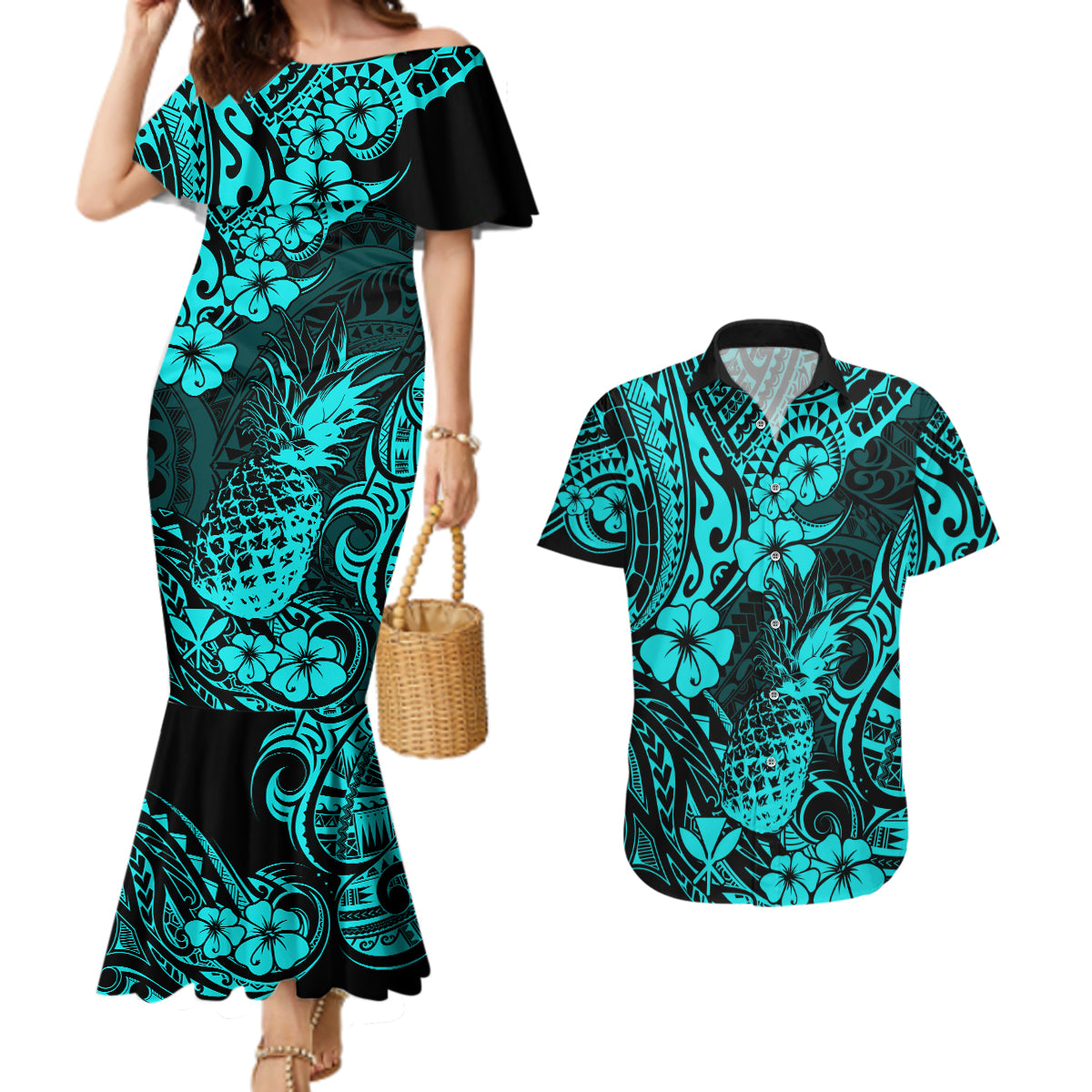 Hawaii Pineapple Couples Matching Mermaid Dress and Hawaiian Shirt Polynesian Pattern Turquoise Version LT01 Turquoise - Polynesian Pride