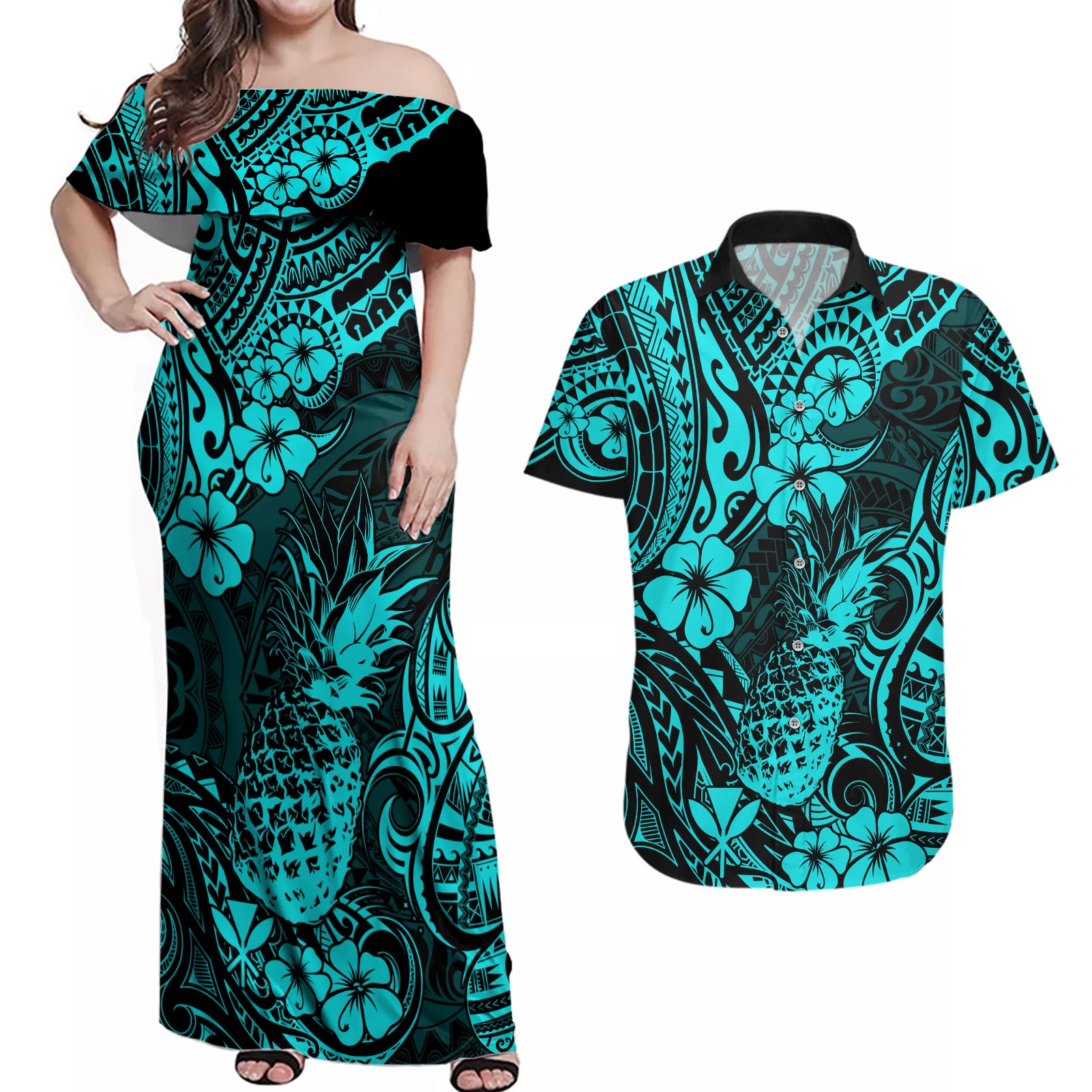 Hawaii Pineapple Couples Matching Off Shoulder Maxi Dress and Hawaiian Shirt Polynesian Pattern Turquoise Version LT01 Turquoise - Polynesian Pride