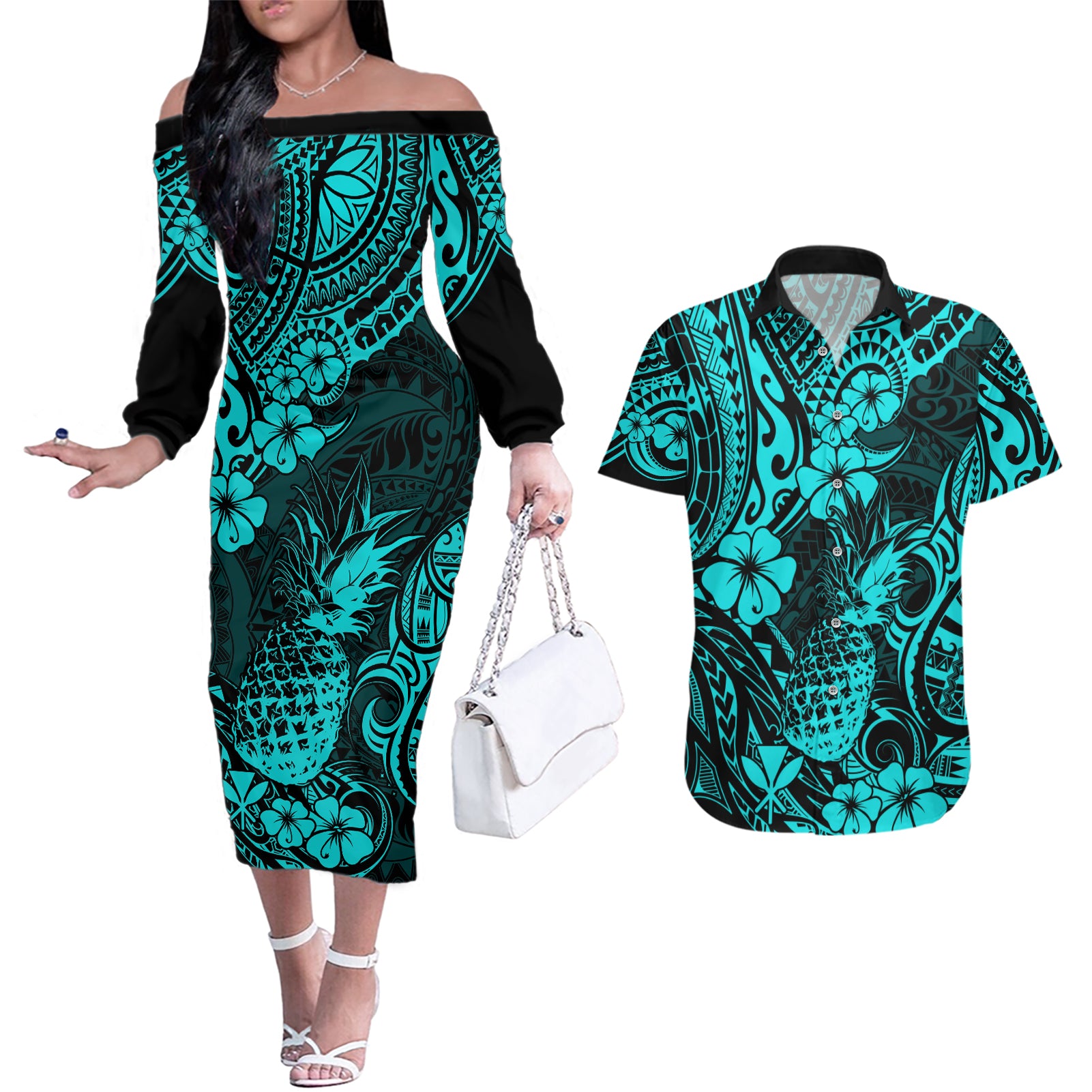 Hawaii Pineapple Couples Matching Off The Shoulder Long Sleeve Dress and Hawaiian Shirt Polynesian Pattern Turquoise Version LT01 Turquoise - Polynesian Pride