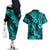 Hawaii Pineapple Couples Matching Off The Shoulder Long Sleeve Dress and Hawaiian Shirt Polynesian Pattern Turquoise Version LT01 - Polynesian Pride