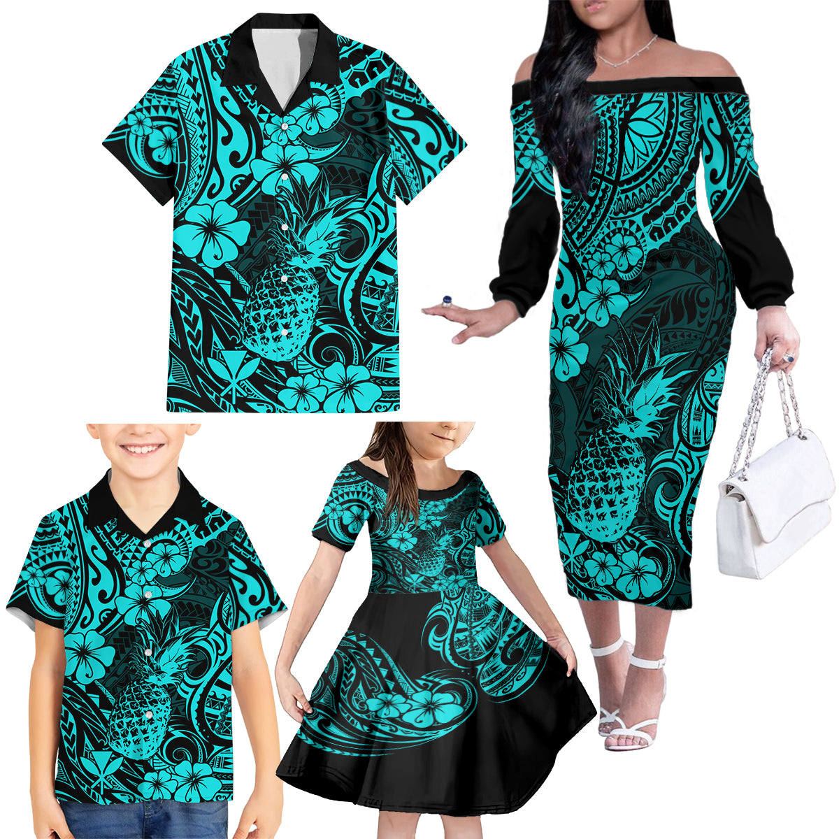 Hawaii Pineapple Family Matching Off Shoulder Long Sleeve Dress and Hawaiian Shirt Polynesian Pattern Turquoise Version LT01 - Polynesian Pride