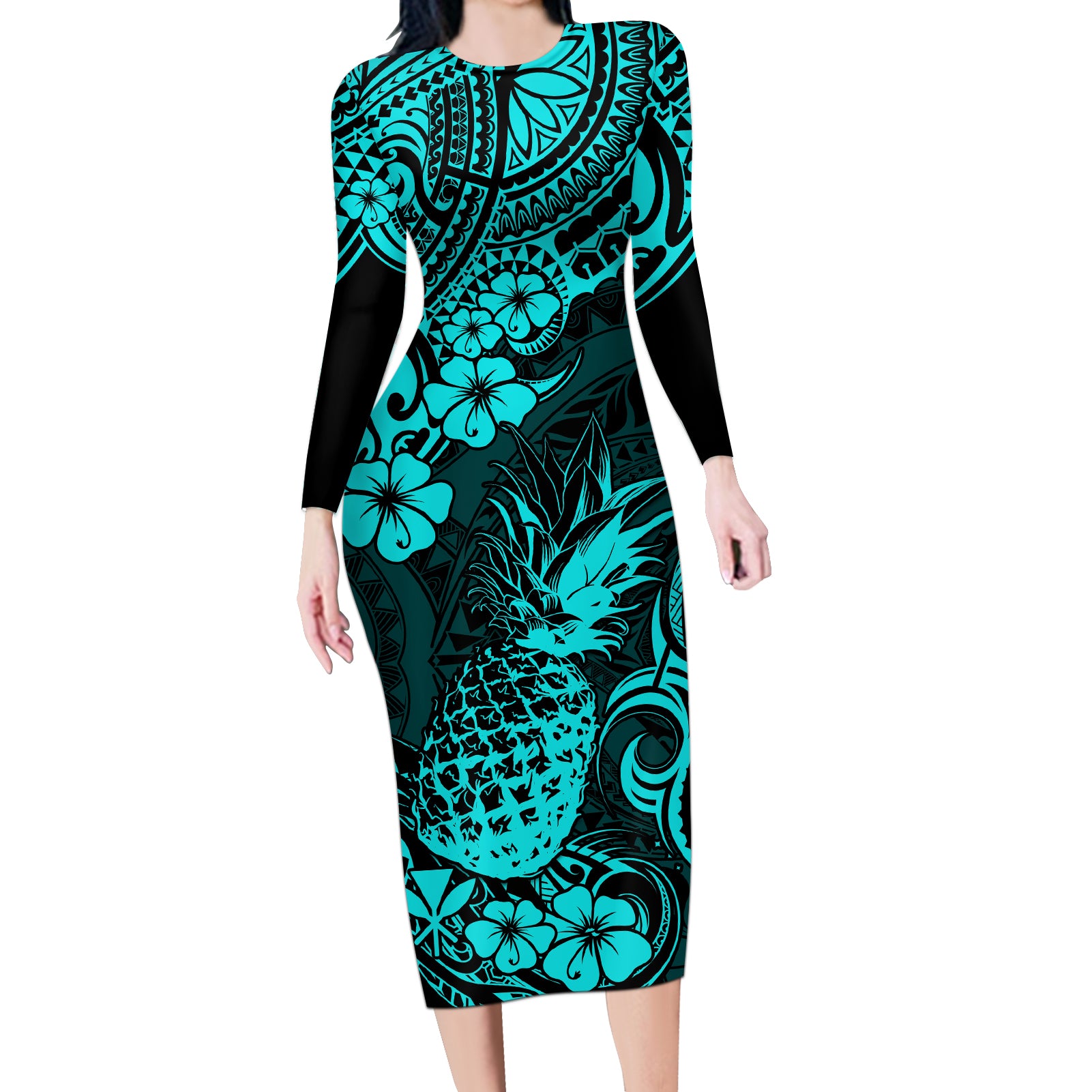 Hawaii Pineapple Long Sleeve Bodycon Dress Polynesian Pattern Turquoise Version LT01 Long Dress Turquoise - Polynesian Pride