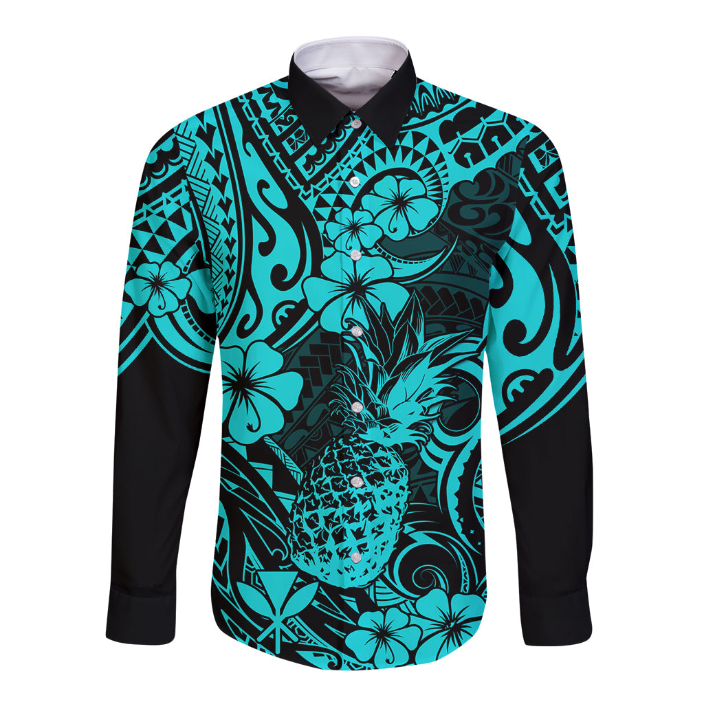 Hawaii Pineapple Long Sleeve Button Shirt Polynesian Pattern Turquoise Version LT01 Unisex Turquoise - Polynesian Pride