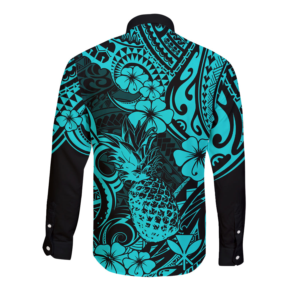 Hawaii Pineapple Long Sleeve Button Shirt Polynesian Pattern Turquoise Version LT01 - Polynesian Pride