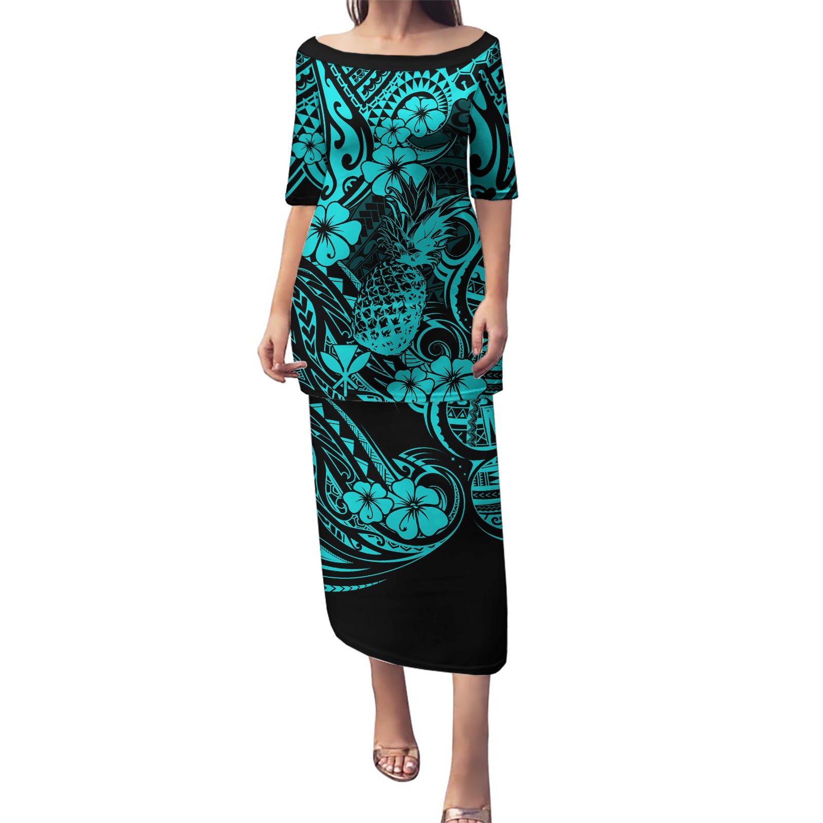 Hawaii Pineapple Puletasi Polynesian Pattern Turquoise Version LT01 Long Dress Turquoise - Polynesian Pride