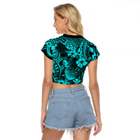 Hawaii Pineapple Raglan Cropped T Shirt Polynesian Pattern Turquoise Version LT01 - Polynesian Pride