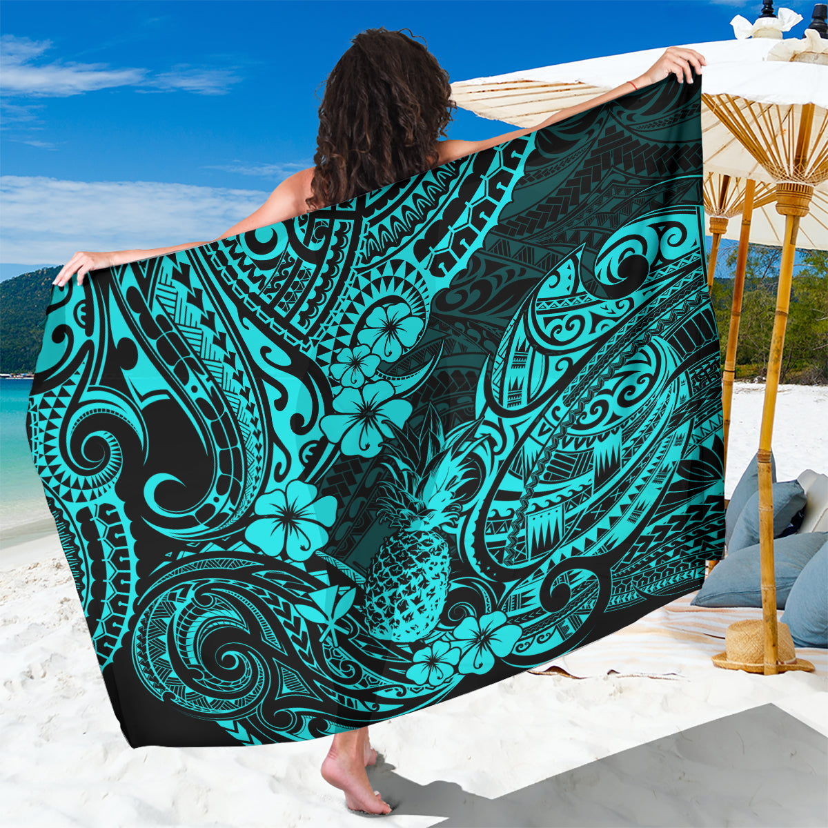 Hawaii Pineapple Sarong Polynesian Pattern Turquoise Version LT01 One Size 44 x 66 inches Turquoise - Polynesian Pride