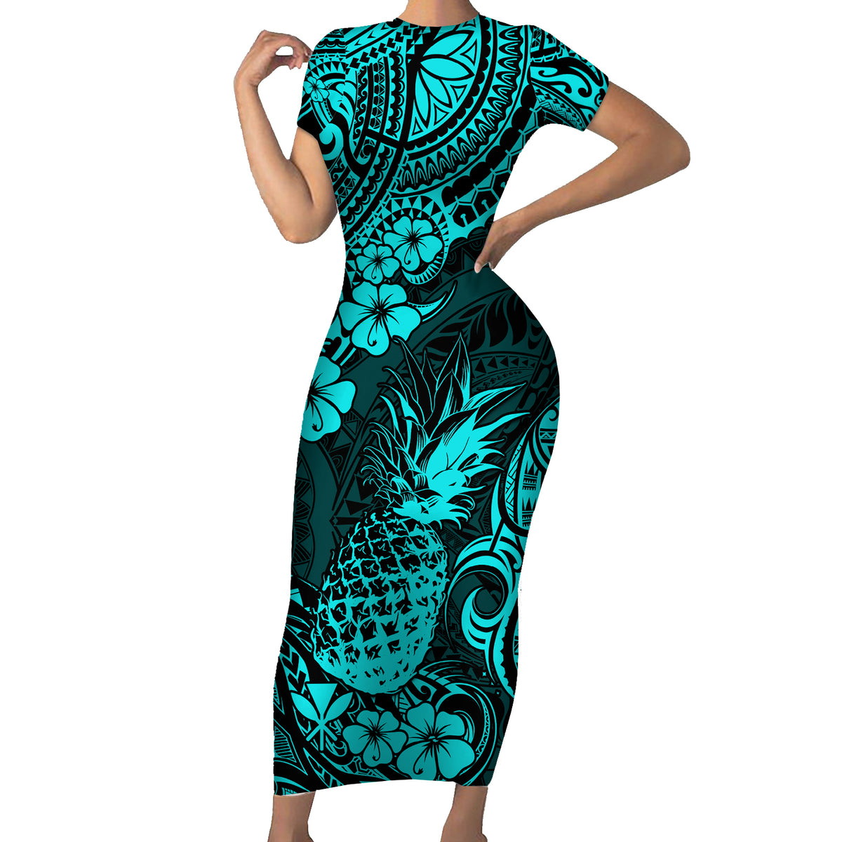 Hawaii Pineapple Short Sleeve Bodycon Dress Polynesian Pattern Turquoise Version LT01 Long Dress Turquoise - Polynesian Pride
