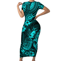Hawaii Pineapple Short Sleeve Bodycon Dress Polynesian Pattern Turquoise Version LT01 Long Dress Turquoise - Polynesian Pride