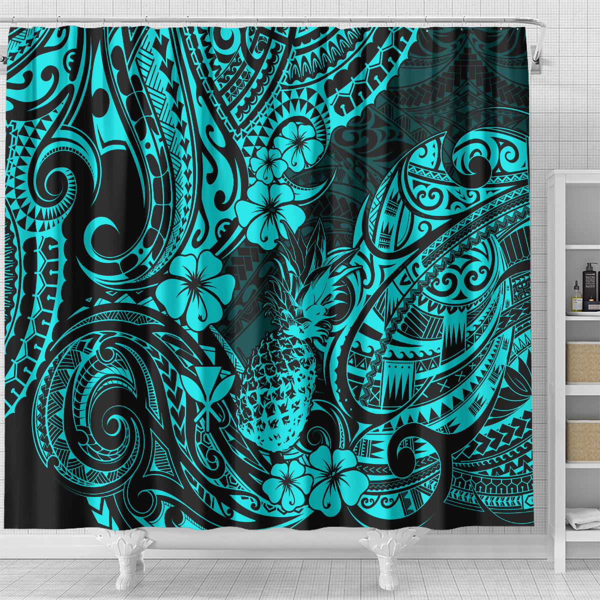 Hawaii Pineapple Shower Curtain Polynesian Pattern Turquoise Version LT01 - Polynesian Pride