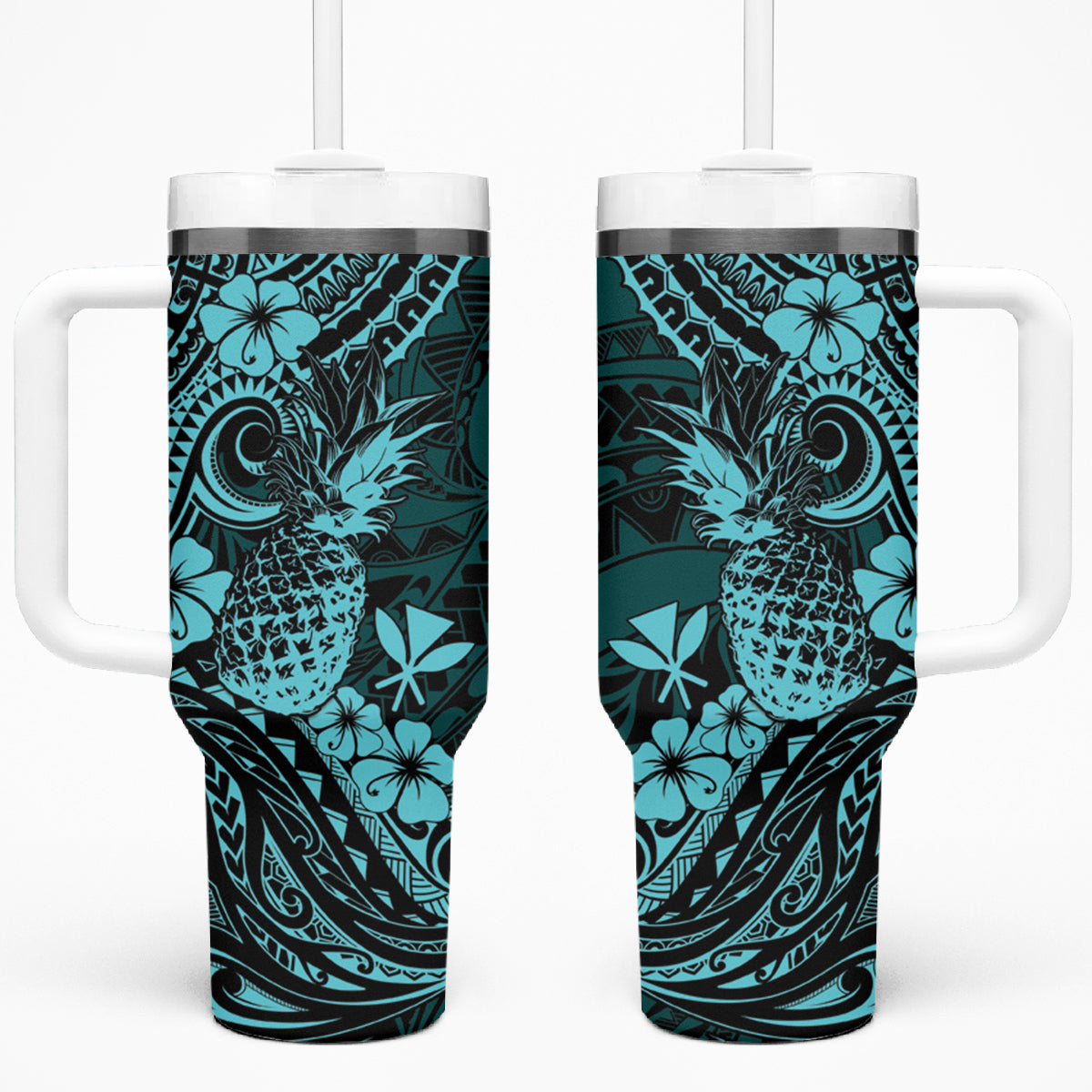 Hawaii Pineapple Tumbler With Handle Polynesian Pattern Turquoise Version