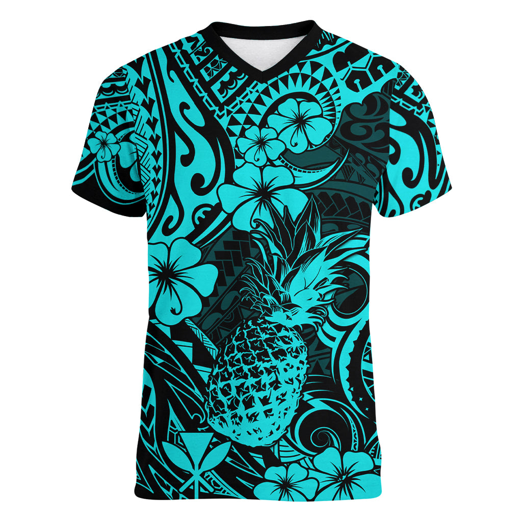 Hawaii Pineapple Women V Neck T Shirt Polynesian Pattern Turquoise Version LT01 Female Turquoise - Polynesian Pride