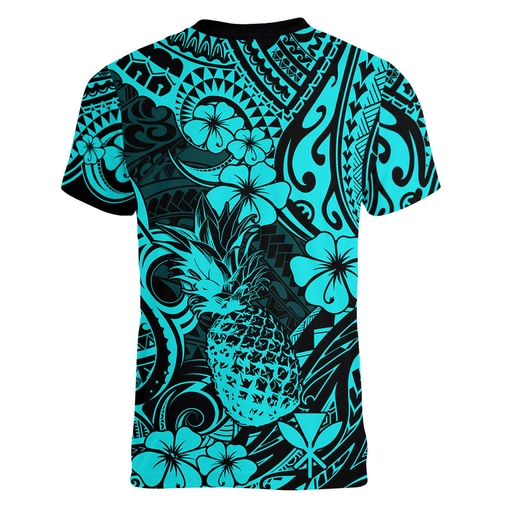 Hawaii Pineapple Women V Neck T Shirt Polynesian Pattern Turquoise Version LT01 - Polynesian Pride