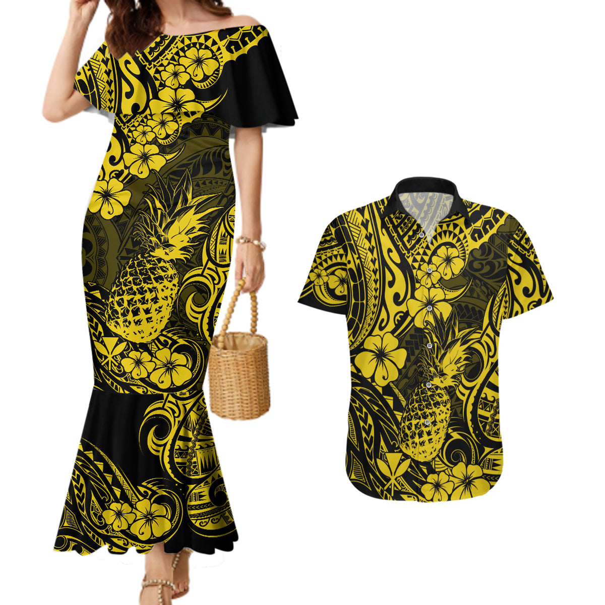 Hawaii Pineapple Couples Matching Mermaid Dress and Hawaiian Shirt Polynesian Pattern Yellow Version LT01 Yellow - Polynesian Pride